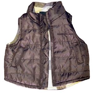 Calvin Klein Brown Yellow Lined Plaid Puffer Vest